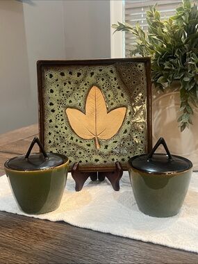 Pottery Bundle Square Leaf Tray and 2 Gabbay Lidded Jars